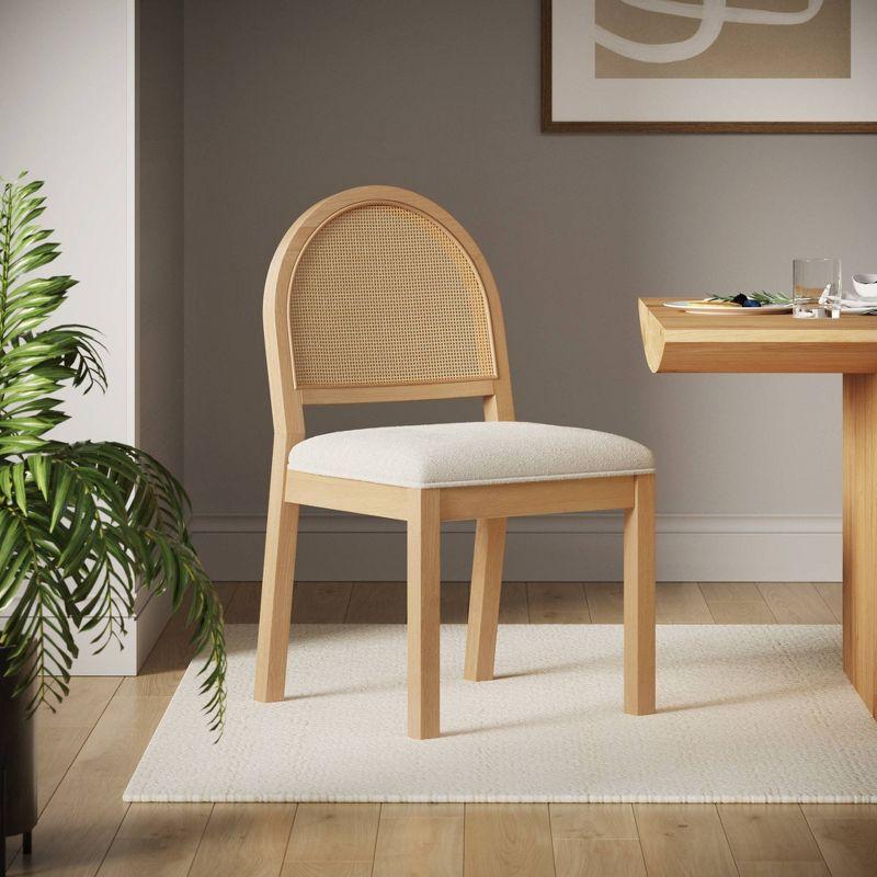 Nathan James Rattan Curved Dining Chair Natural Boucle: Upholstered Cotton, Wood Frame, Armless Design