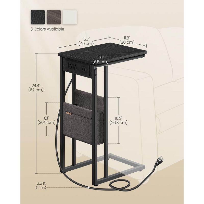 VASAGLE C-Shaped Side Table, End Table with Charging Station, 2 USB Ports and Outlets, C Table for Couch, Sofa, with Storage Bag, Ebony Black