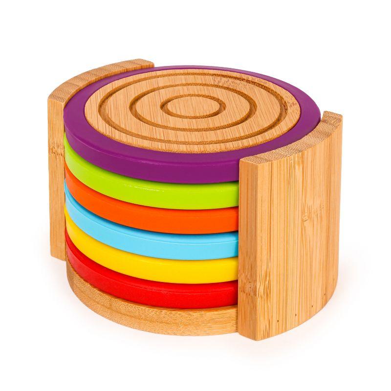 Eco-Friendly Bamboo and Colorful Silicone 6-Piece Coaster Set