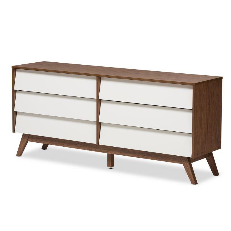 Mid-Century Modern White & Walnut 6-Drawer Storage Dresser