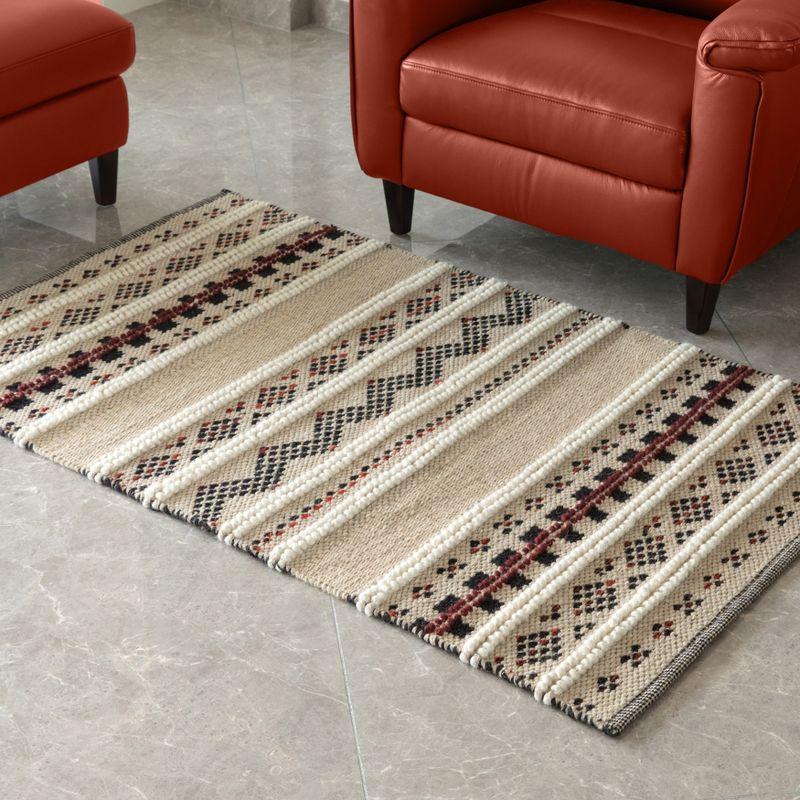 DEERLUX Handwoven Boho Beige Textured 100% Wool Flatweave Kilim Rug, 2' x 3'