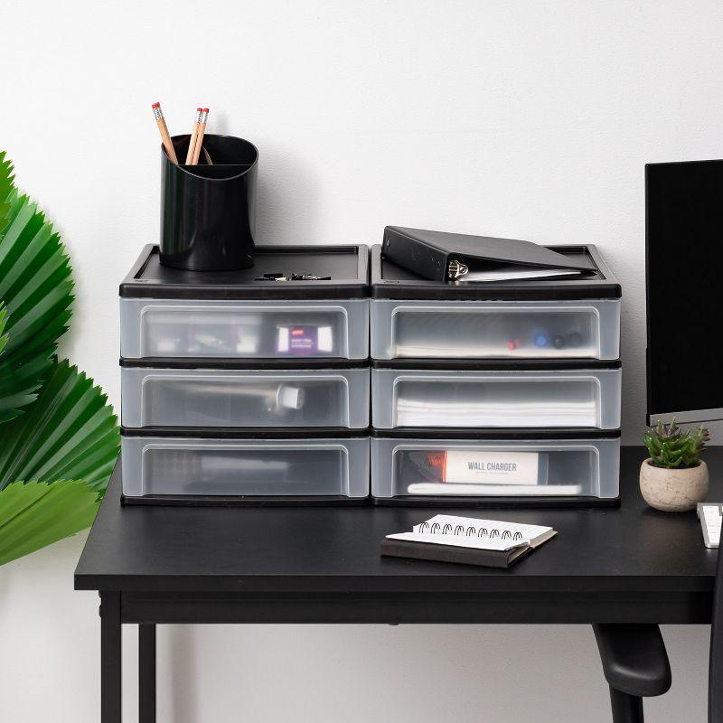 IRIS USA Medium 3-Drawer Stacking Desktop Organizer, 2 Pack, Plastic Drawer Storage Container for Stationery Art Craft Supplies Kitchen Office, Black