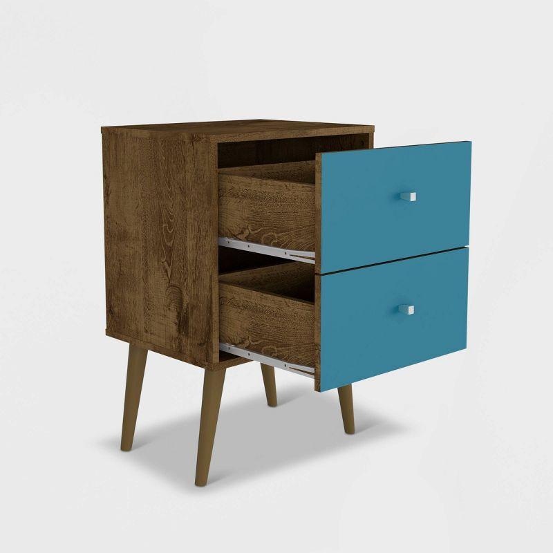 Liberty Mid-Century Modern Rustic Brown and Aqua Blue Nightstand with 2 Drawers