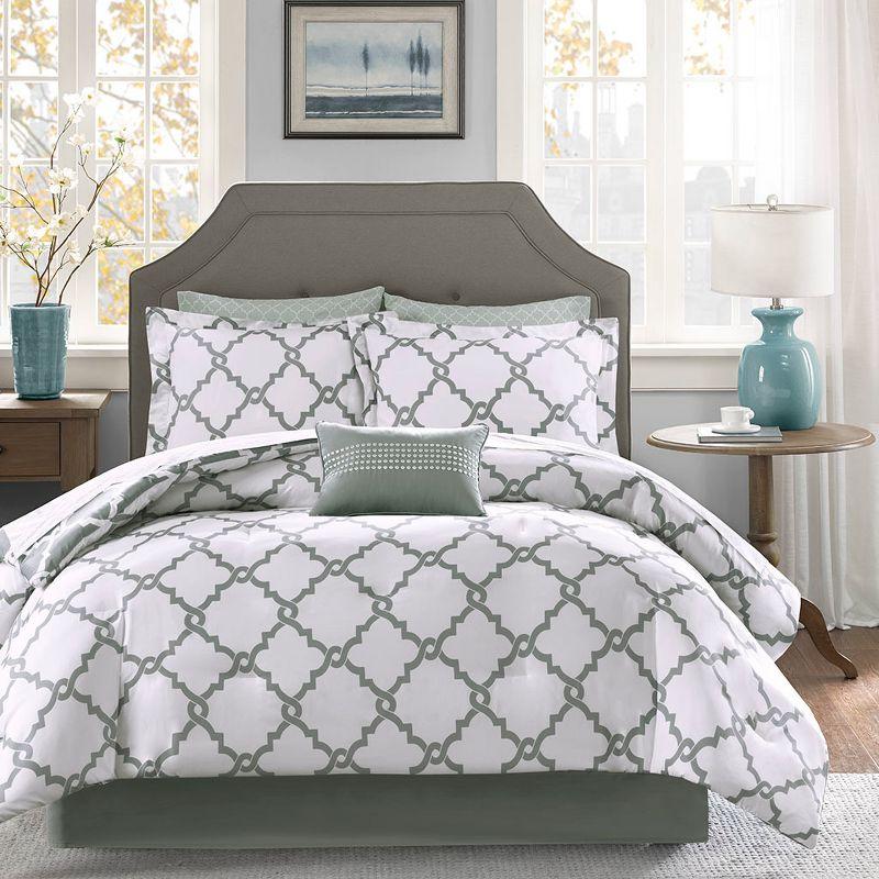 Gray Full Cotton Reversible Comforter Set with Fretwork Design