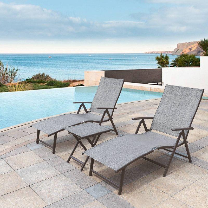 3pc Outdoor Set with Aluminum Adjustable Chaise Lounge & Table Set - Black/Gray - Crestlive Products: Weather-Resistant Patio Furniture Set