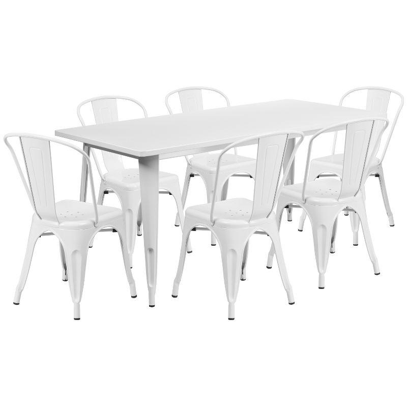 White Steel Rectangular Dining Table Set with 6 Stackable Chairs