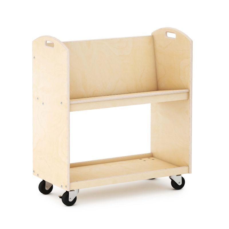 Guidecraft EdQ Rolling Book Storage Cart for Classroom - Natural, Single Sided 2-Shelf Wooden Book Display Rack on Wheels