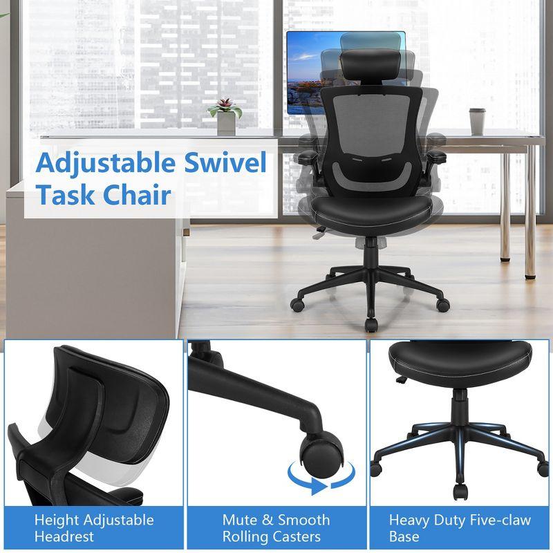 Costway Mesh Back Adjustable Swivel Office Chair w/ Flip up Arms Leather Seat