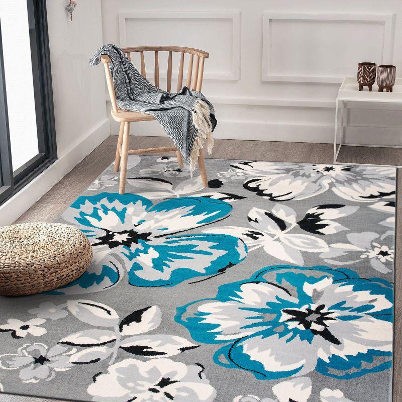 Modern Floral Blue Synthetic 6'6" x 9' Easy-Care Area Rug