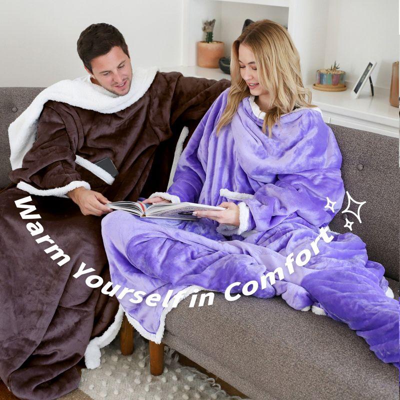 Catalonia Fleece Wearable Blanket with Sleeves & Foot Pockets for Adult, Comfy Snuggle Wrap Sleeved Throw Blanket Robe, Gift for Her Him