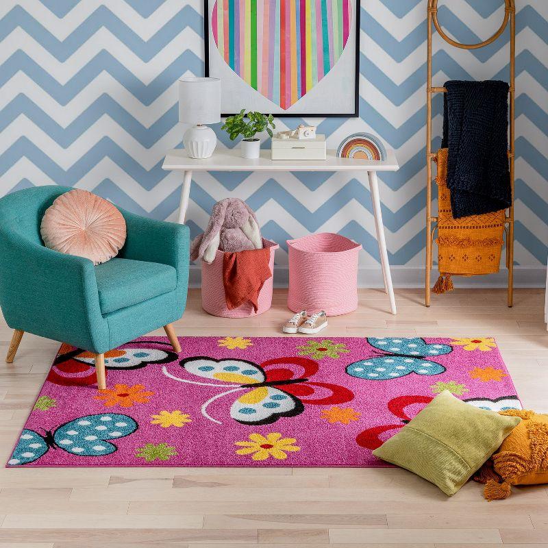 Well Woven Modern Daisy Butterflies Bright Kids Room Carpet Soft Durable 3'3" x 5' Pink Area Rug