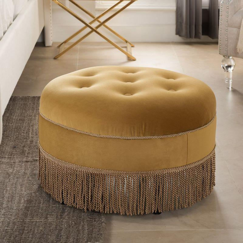 Navy Blue Velvet Tufted Round Ottoman with Fringe