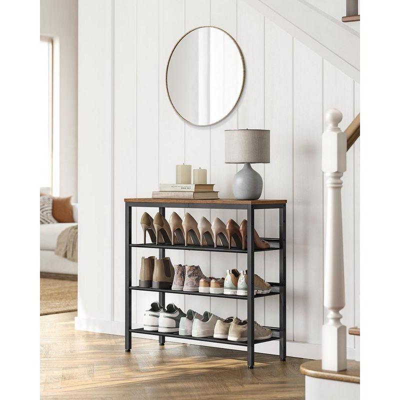 Rustic Brown and Black 4-Tier Metal Shoe Rack with Wooden Top