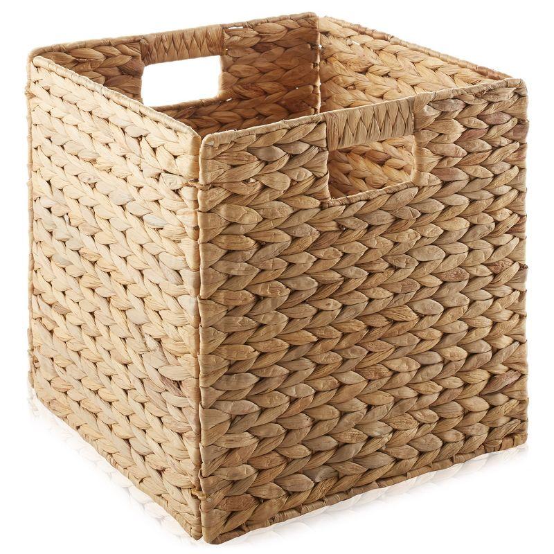 Casafield 12" x 12" Water Hyacinth Storage Baskets - Set of 2 Collapsible Cubes, Woven Bin Organizers for Bathroom, Bedroom, Laundry, Pantry, Shelves