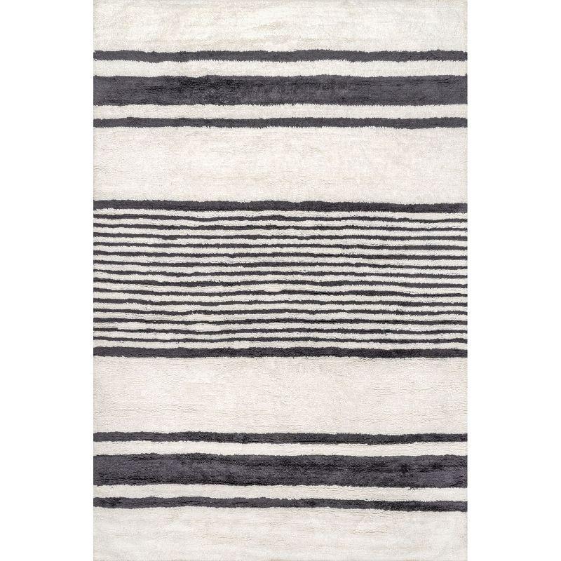 Ivory and Black Striped Wool Washable Area Rug 5' x 8'