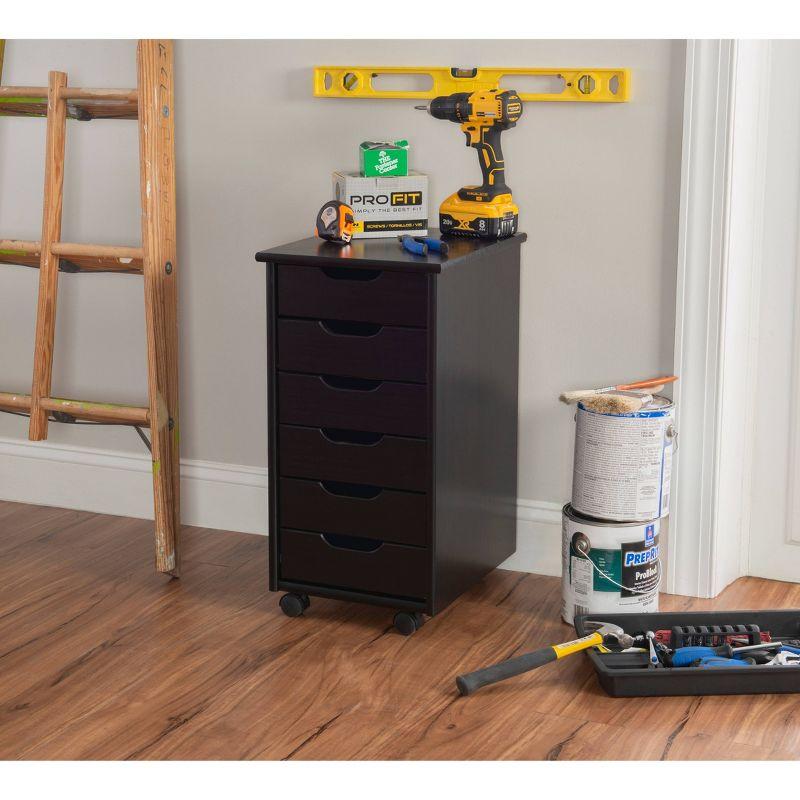 Cary Transitional 6 Drawer Solid Wood Rolling Storage Cart with Casters - Linon