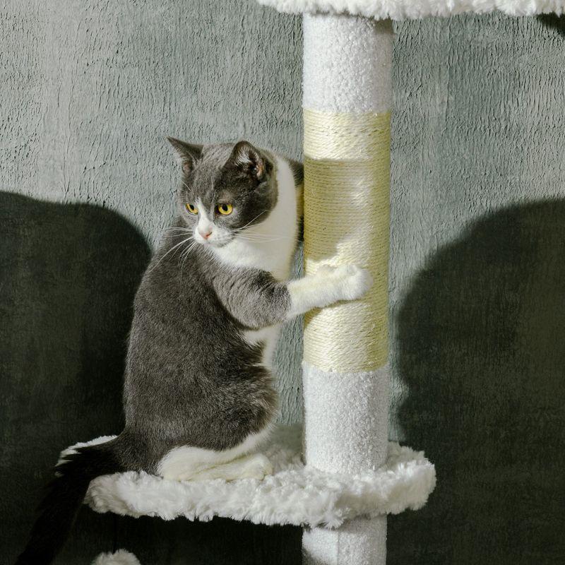 PawHut Floor to Ceiling Cat Tree with Scratching Posts, 88.5" - 100.5" Adjustable Height, Cat Climbing Tower with Cloud Shape Platforms, Balls, White