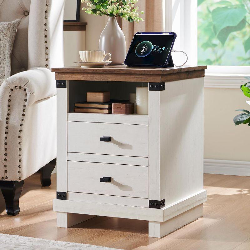 SinCiDo Nightstand with Charging Station, 18″ Farmhouse Night Stand with 2 Drawers, Wood Rustic End Table, Antique White