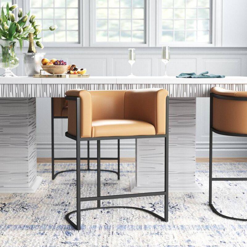 Cosmopolitan Metal Counter Height Barstool Camel - Manhattan Comfort: Upholstered, Low Back, Armrest, Footrest
