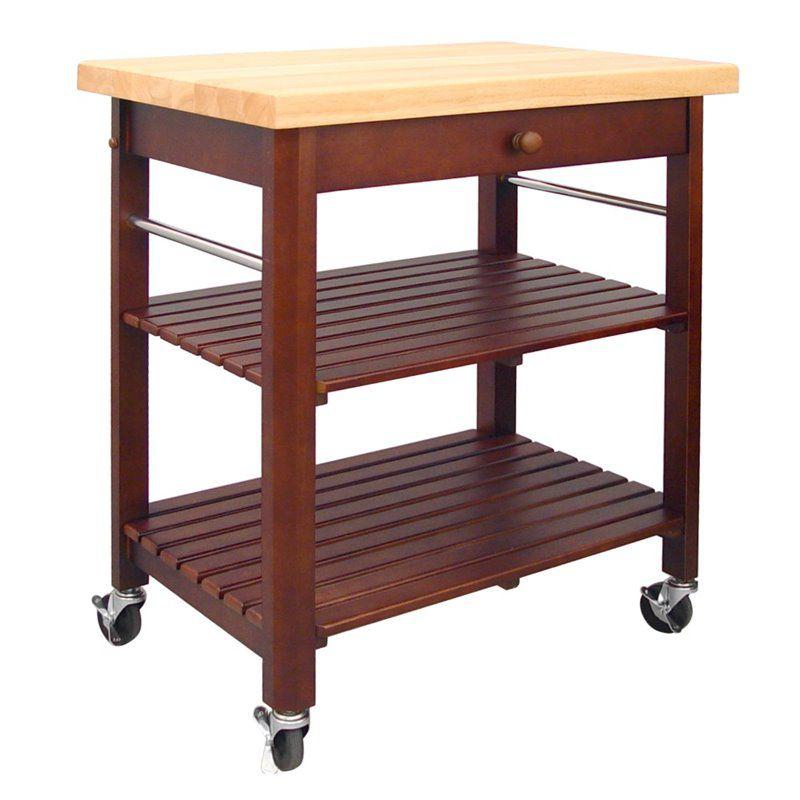 Cherry Stain Wood Kitchen Cart with Butcher Block Top