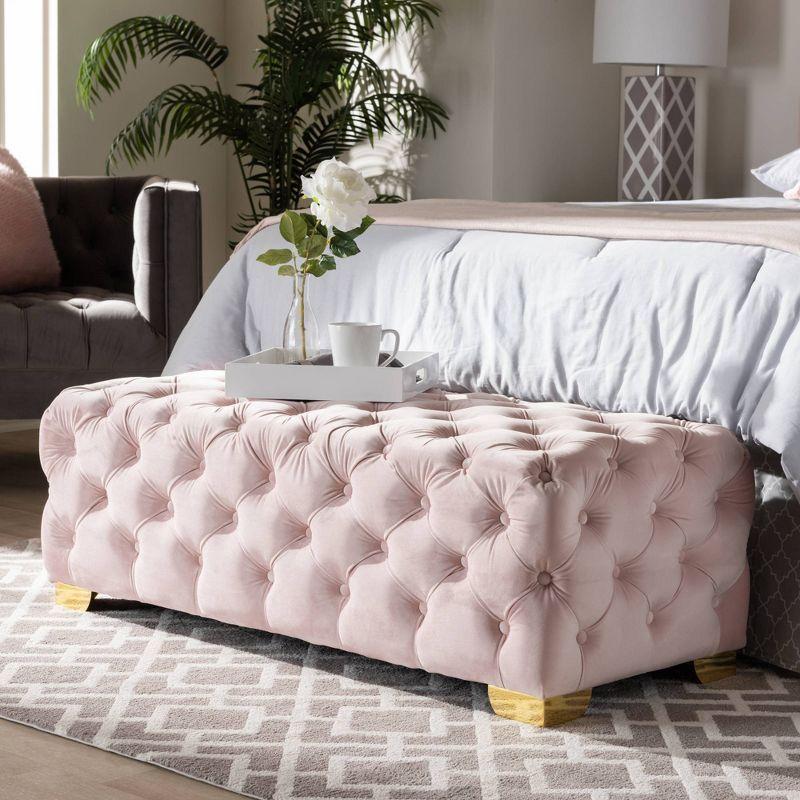 Luxurious Light Pink Velvet Tufted Ottoman with Gold Legs