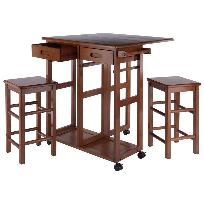 3pc Suzanne Space Saver Drop Leaf Dining Set Teak - Winsome: Compact, Storage Drawers & 2 Stools