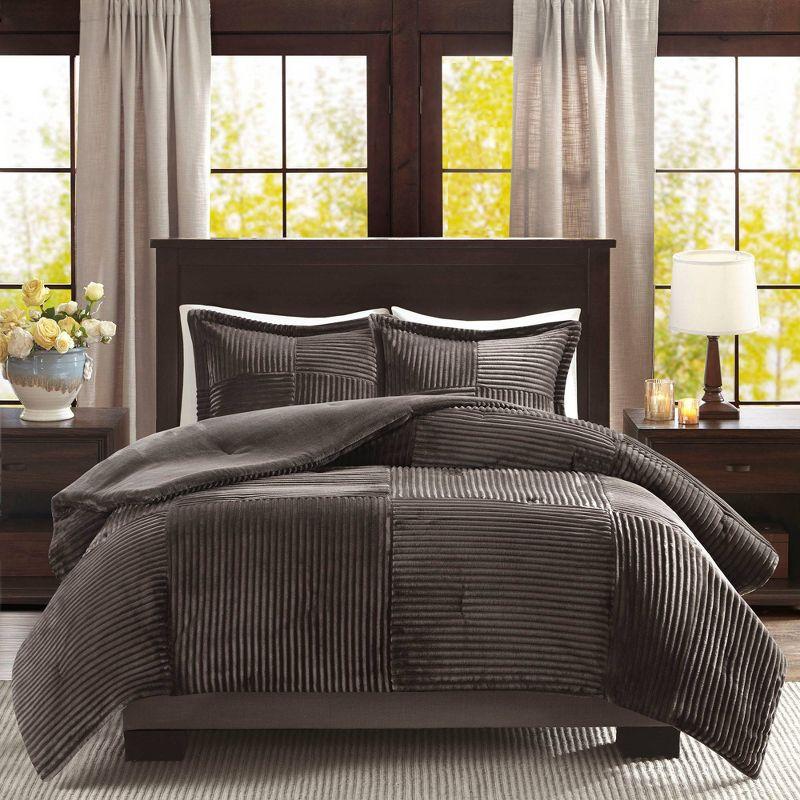 Madison Park 3pc Full/Queen Williams Corduroy Plush Comforter Mini Set Gray: Microfiber, Transitional Style, Includes Shams