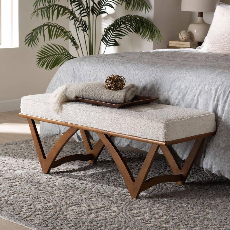 Chenoa Fabric and Wood Bench Cream/Walnut Brown - Baxton Studio: Japandi-Inspired, Foam-Padded, Button-Tufted