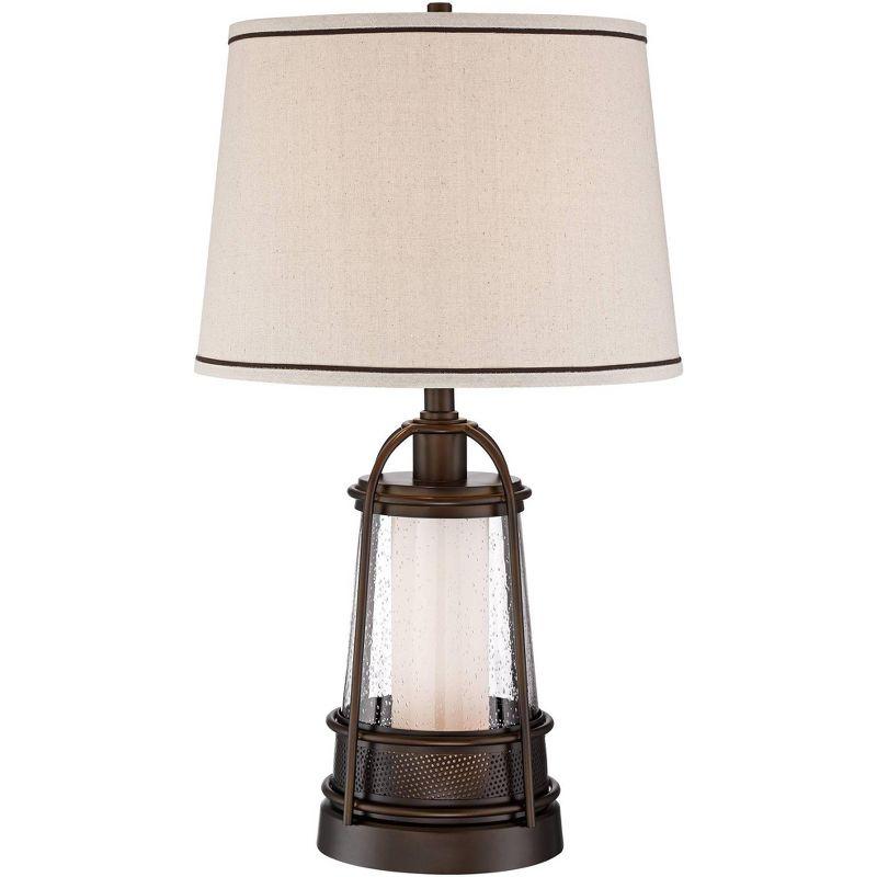 Franklin Iron Works Hugh Industrial Rustic Table Lamp 26" High Bronze Metal Seeded Glass with LED Nightlight Off White Shade for Bedroom Living Room