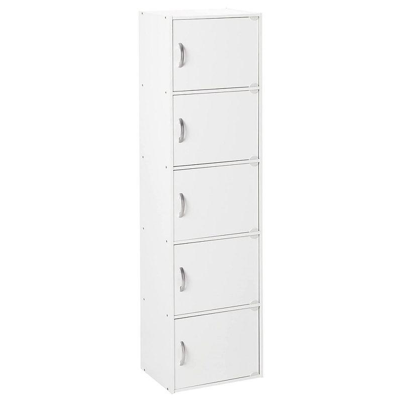 Hodedah HID5 High Quality 5 Shelf Home, Office, and School Enclosed Organization Storage 59 Inch Tall Slim Bookcase Cabinets, White Finish
