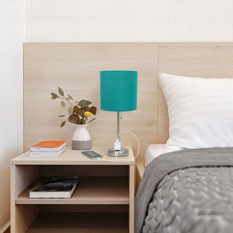 19.5" Brushed Steel and Teal Fabric Table Lamp with Power Outlet