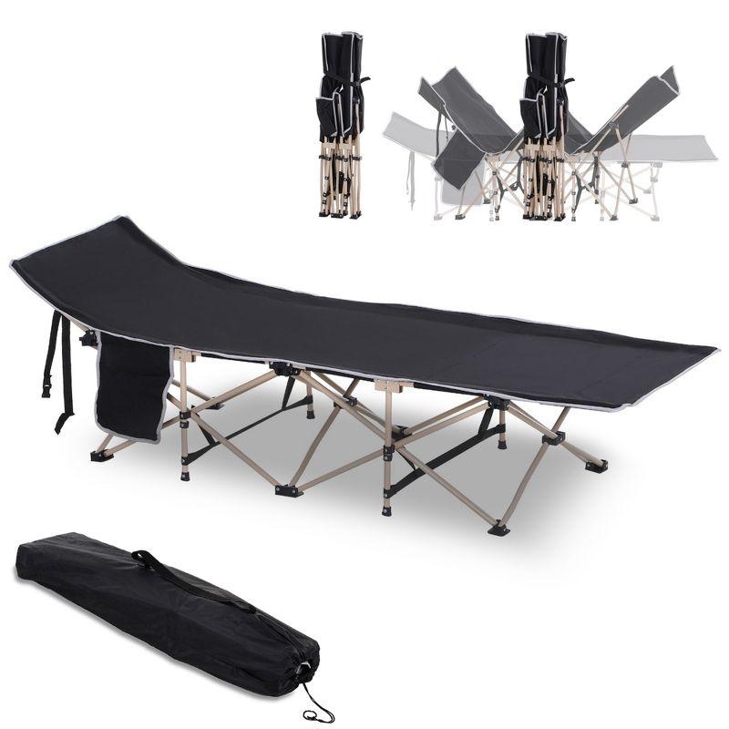 Outsunny Folding Camping Cot for Adults with Carry Bags, Side Pockets, Outdoor Portable Sleeping Bed for Travel Camp Vocation, Black