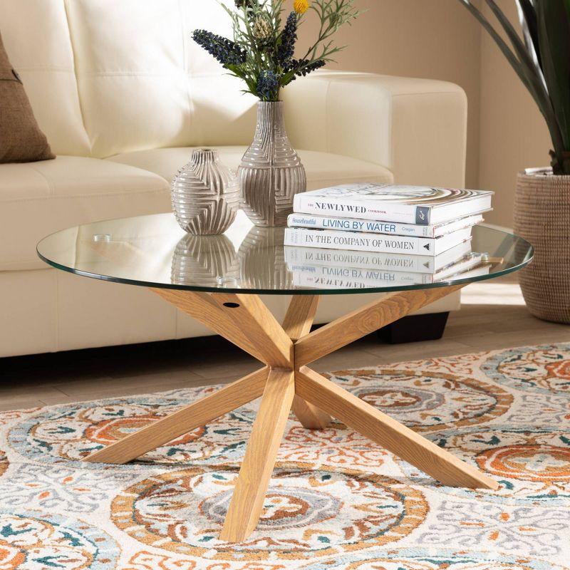 Lida Glass and Wood Finished Coffee Table Clear/Natural - Baxton Studio: Mid-Century Modern, 4 Point Leg Frame