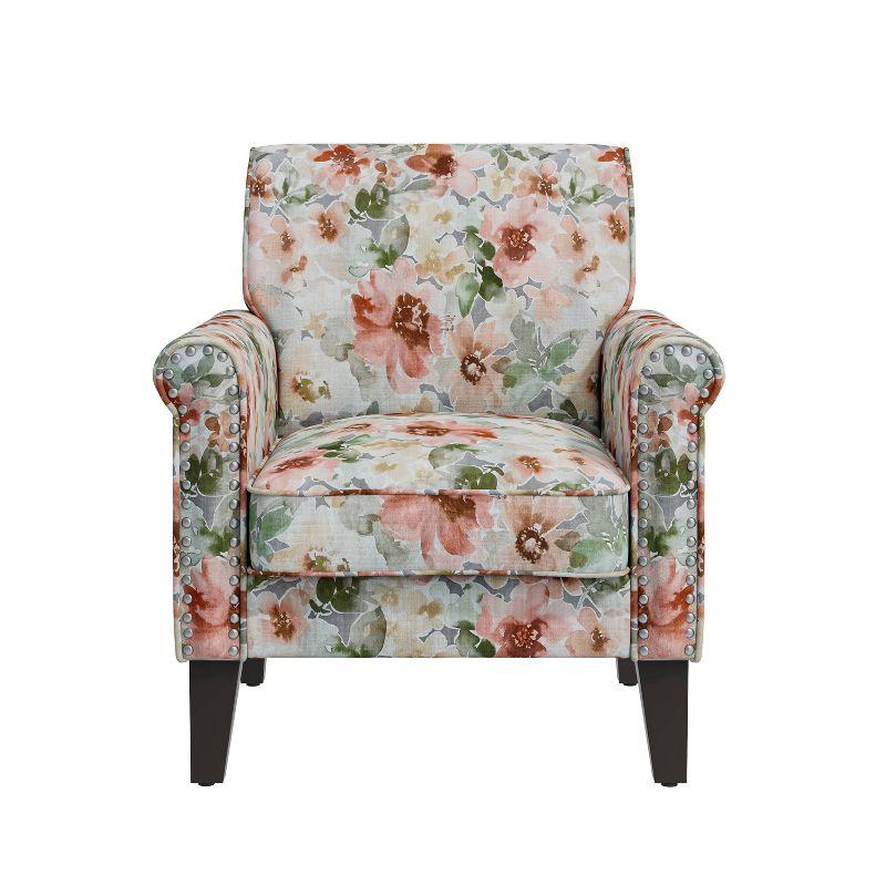 Handy Living Janet Traditional Rolled Accent Armchair with Pewter Nailheads Floral Pattern Orange/Green