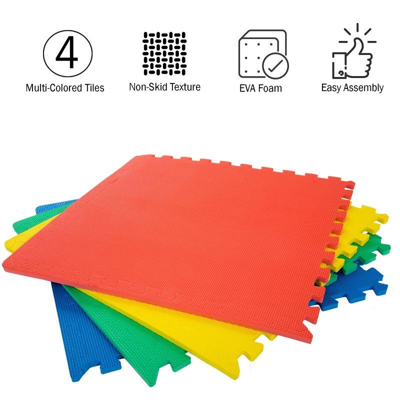 4-Pack of Interlocking EVA Foam Floor Tiles with Border Pieces - Great for Use as a Play Mat or Home Exercise Flooring by Stalwart (Multicolored)