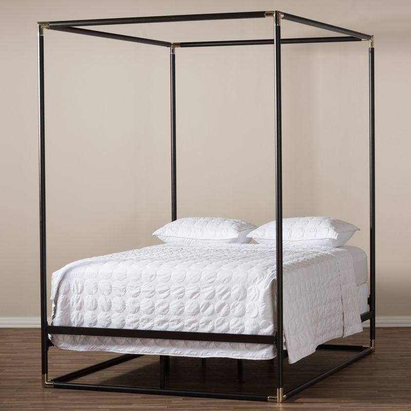 Queen Eva Vintage Industrial Finished Metal Canopy Bed Black - Baxton Studio: Matte Dark Bronze, Brass Accents