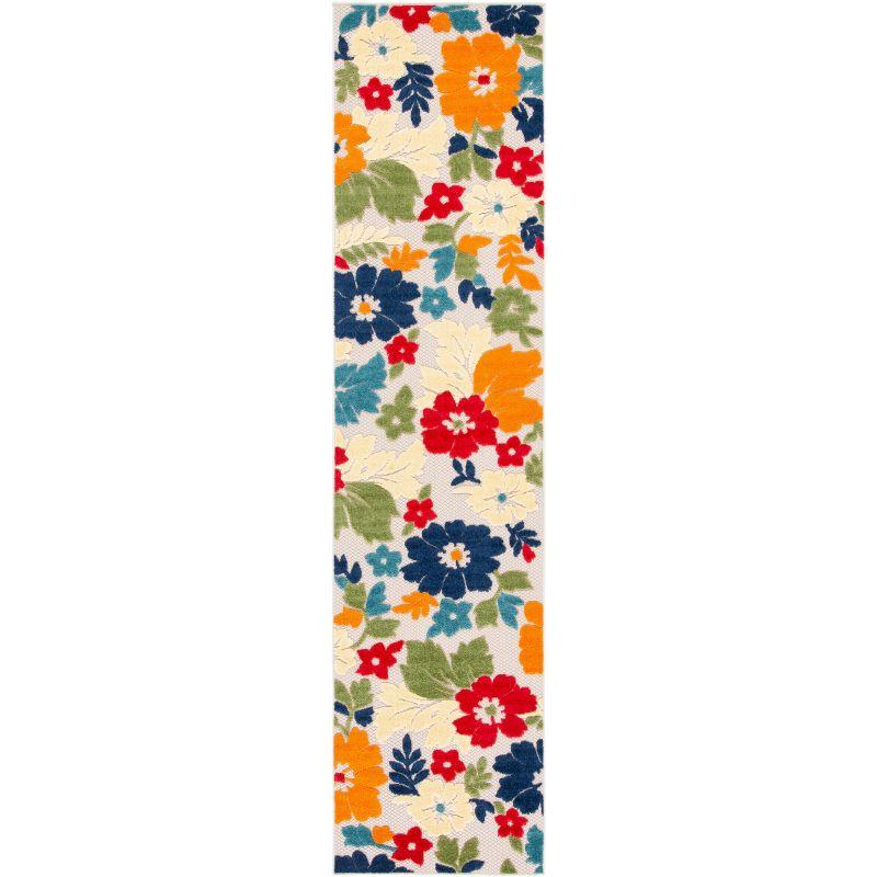 Ivory and Orange Floral Synthetic Outdoor Rug, 26" x 9'