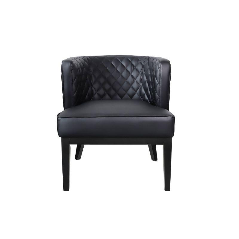 Elegant Quilted Black Leather Barrel Accent Chair with Wood Base