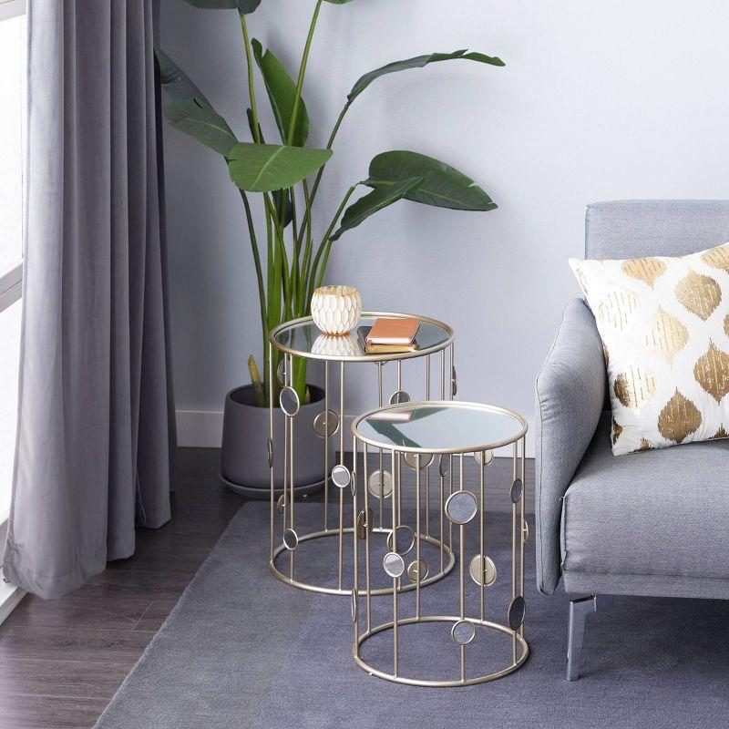 Gold Metal Round Accent Tables with Mirrored Glass Tops, Set of 2