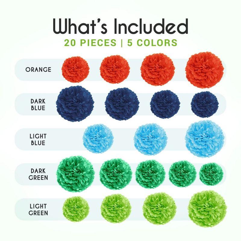 20-Piece Tissue Paper Pom Poms Party Decorations Kit - Orange, Blue, Teal, Green & Light Green | 6", 8", 10", 12" & 14"