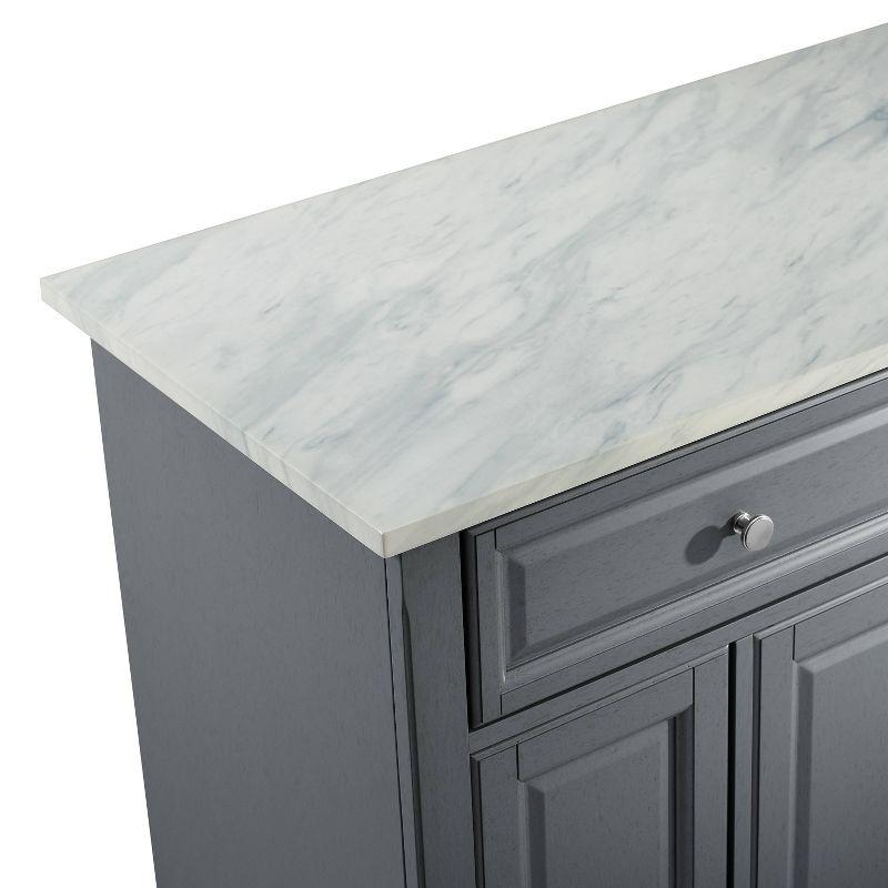 One Allium Way® Kitchen Island With Storage Shelves, Microwave Stand, Coffee Bar, Gray - Birch Veneer, Marble Finish, 2 Drawers & 3 Cabinets, Brushed Nickel Hardware