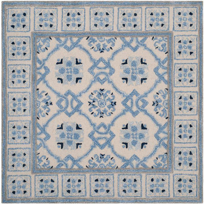 Ivory and Blue Hand-Tufted Wool Square Rug