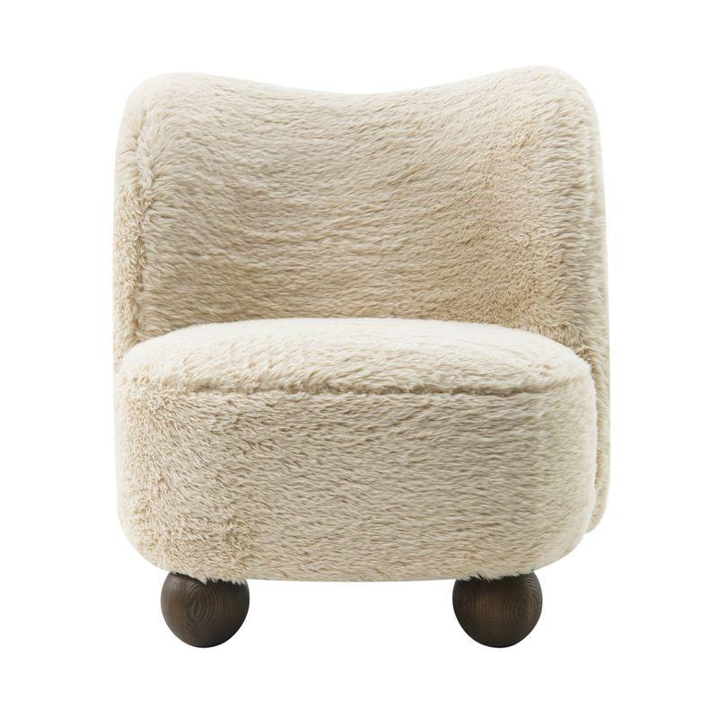 Ivory Faux Fur Wood Ball Foot Accent Chair