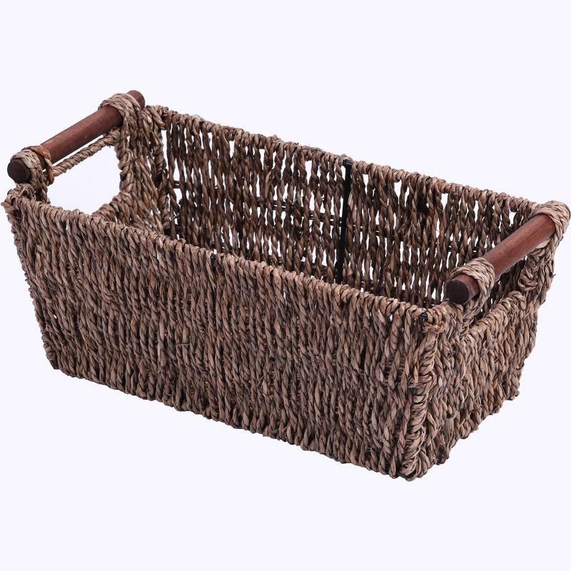 Brown Seagrass Rectangular Storage Basket with Wooden Handles