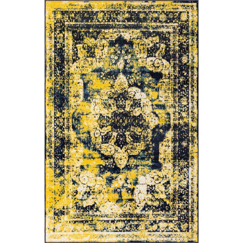 Navy Blue and Yellow Synthetic Reversible Area Rug