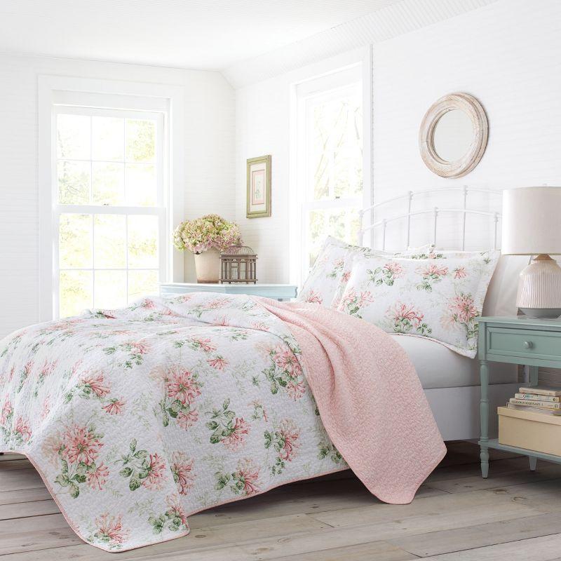 Laura Ashley Laura Ashley Honeysuckle Cotton Reversible Pink Quilt Set