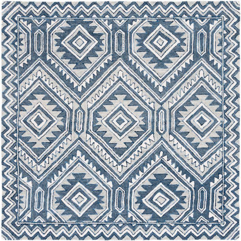 Blue and Ivory Hand-Tufted Wool Square Rug