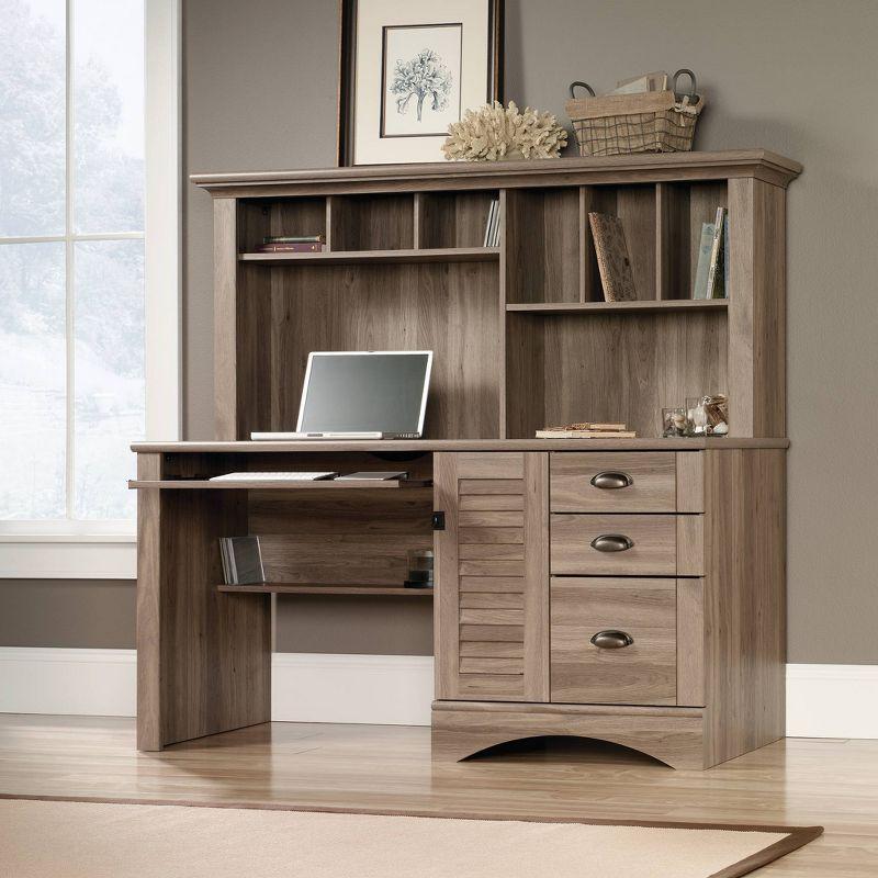 Salt Oak Engineered Wood Computer Desk with Hutch and Drawers