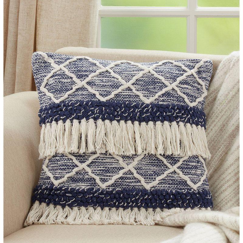 18"x18" Poly-Filled Moroccan Design Square Throw Pillow with Fringe Navy - Saro Lifestyle