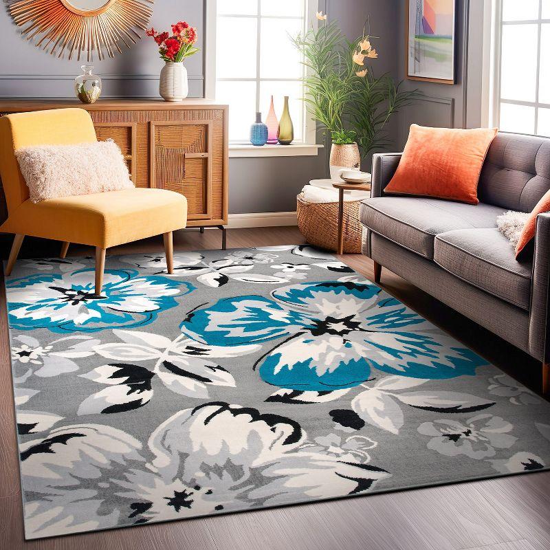 Elegant Blue Floral 5' x 7' Reversible Washable Rug